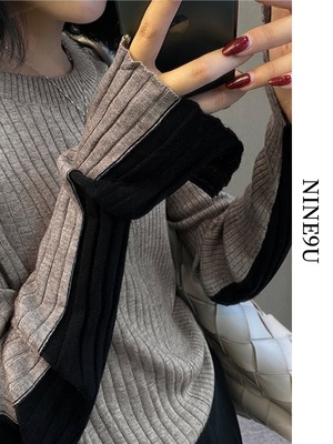 bi-color casual long-sleeve rib-knit【NINE5241】