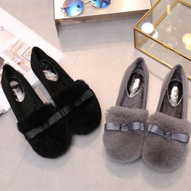 秋冬にピッタリ！レディース ファーパンプス フラット リボン ふわふわ ミュールパンプス / Fall and winter plus velvet rabbit fur flat-bottom large size women's shoes (DCT-602106290577)