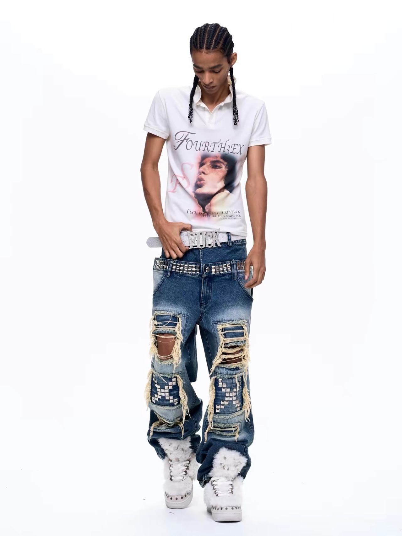 【Fourth3ex】Double Waist Distressed Denim Pants