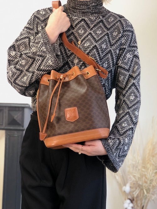 CELINE セリーヌ マカダム ショルダーバッグ ブラウン ブラゾン型押し PVC レザー 巾着 vintage ヴィンテージ オールド y4ma84