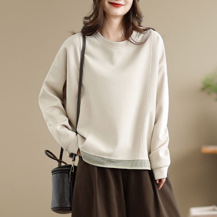 MESH HEM ROUND NECK LONG SLEEVE RELAXED T-SHIRT M-18756