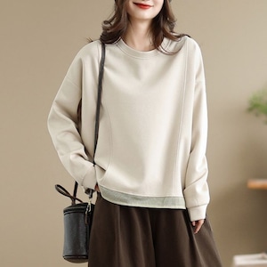 MESH HEM ROUND NECK LONG SLEEVE RELAXED T-SHIRT M-18756