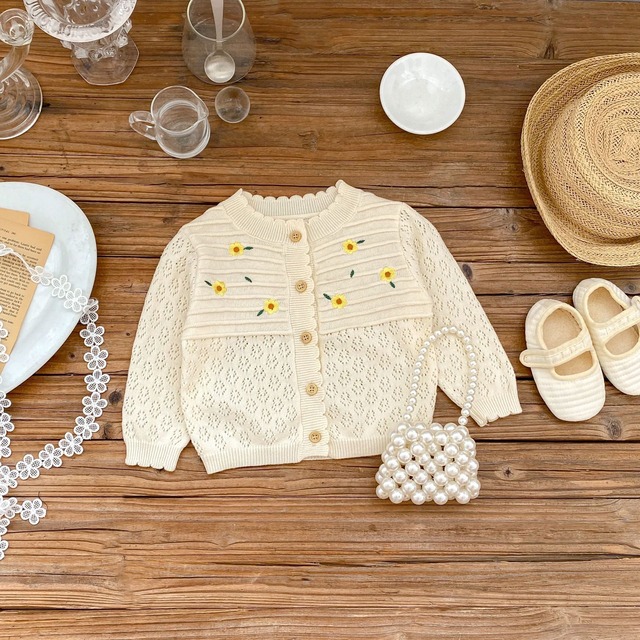 【BABY】フラワー刺繍透かし編みニットカーディガン - 11