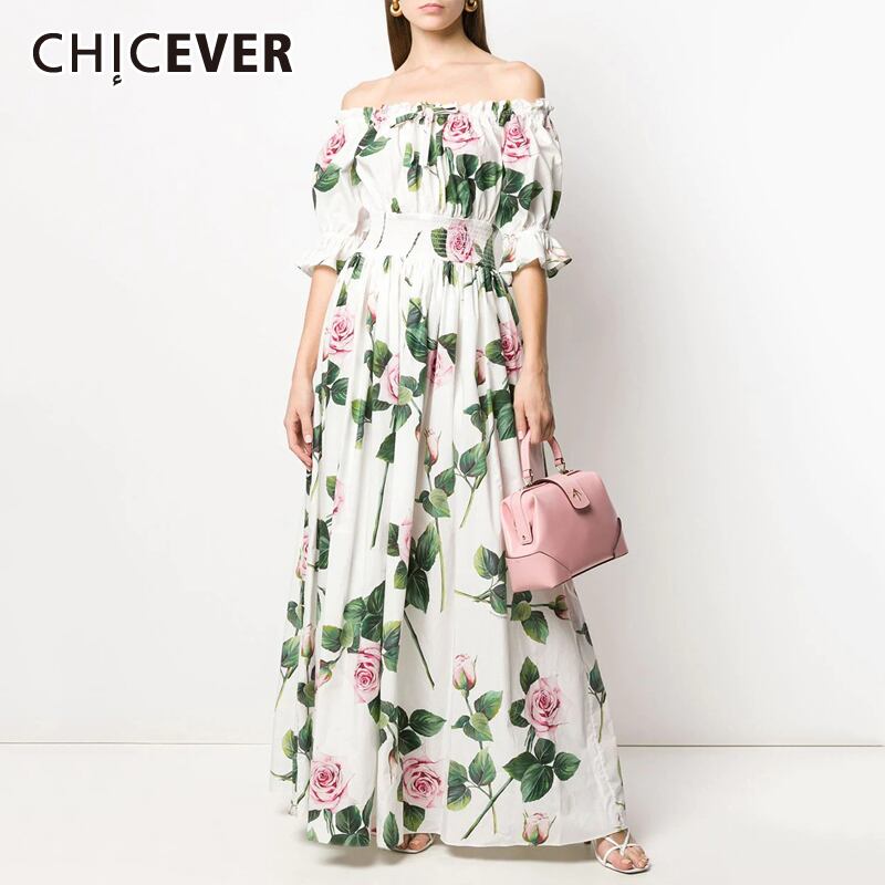 CHICEVERプリントヒットカラードレスレディーススラッシュネックフレア半袖ウエストプラスサイズマキシサマードレス2020服 ショート ハーフスリーブ 大きめサイズ 夏物 6base584080709815