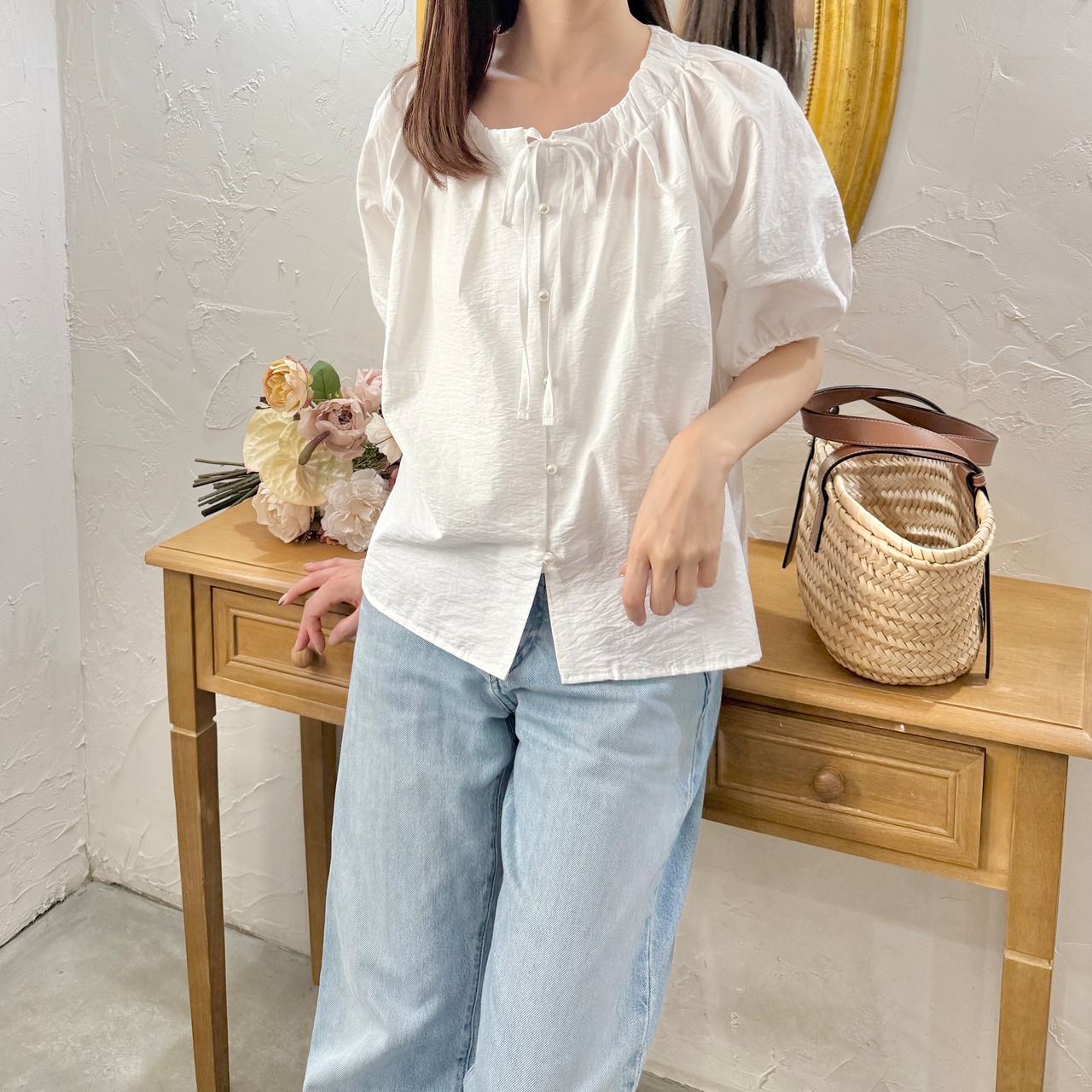 パフスリーブリボンブラウス［50021］