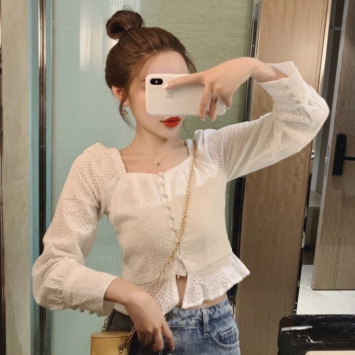 レトロなスクエアカラー長袖ホワイトシャツ2020夏の新しいフランスの女性のフリルアウターシャツショートトップ YY-ファッション12727522078