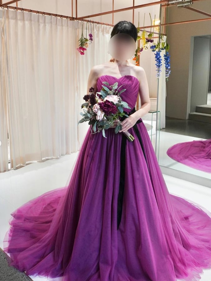 カラードレス パープル ソフトチュール ベアトップ サッシュベルト  