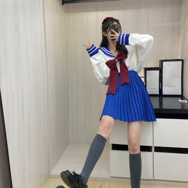 セットアップ セーラー服 リボン セーラームーン風 制服 ブルー ミニ ショート 長袖 | quadrifolie(クローバー) powered by  BASE