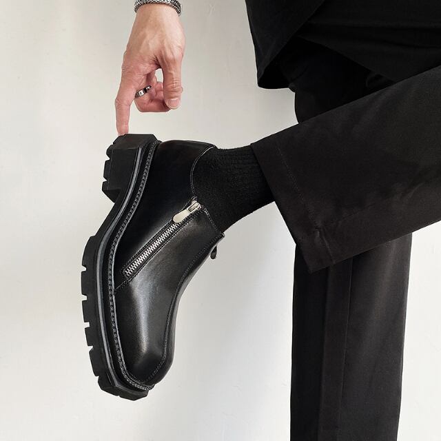 【予約販売】レザーシューズ スエード 革靴 メンズ ローファー 厚底 ソフトソール 靴 デザイン モード ブラック 黒 シルバー お洒落 カジュアル シック パーティー 結婚式 24cm/24.5cm/25cm/25.5cm/26cm/26.5cm/27cm