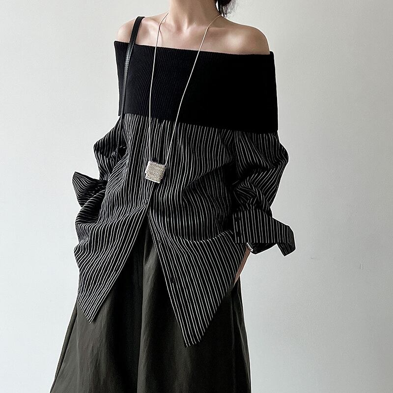 【tops】オフショルダーニットドッキングシャツ Q6642
