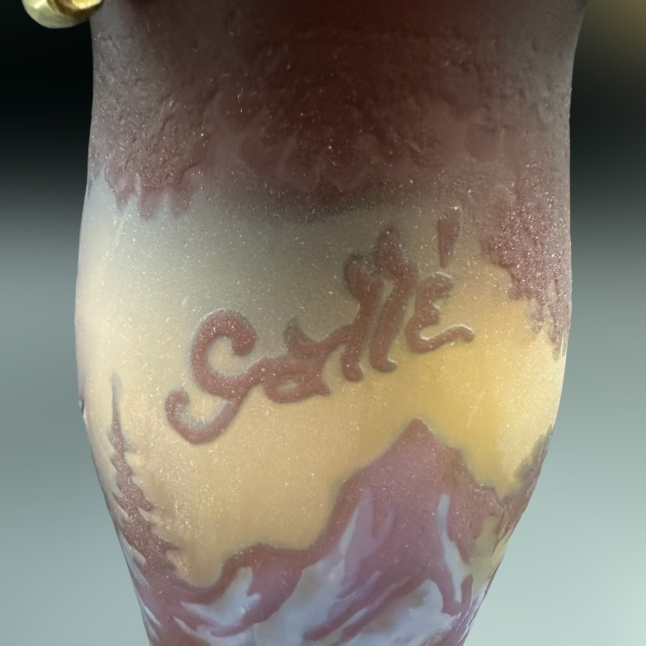 エミールガレ 2灯山景文台座真鍮カメオ彫り被せガラス高さ32cm