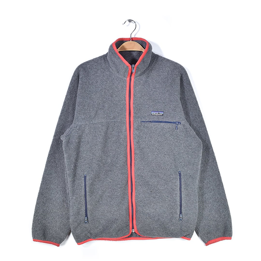 80s パタゴニア USA製 ヴィンテージ シンチラカーディガン フリースジャケット グレー 三角タグ アウトドア PATAGONIA メンズM 古着 @DD0409