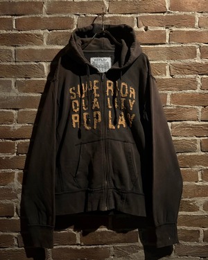 【Caka act3】"REPLAY" Lettering Wappen Design Vintage Loose Zip Hoodie