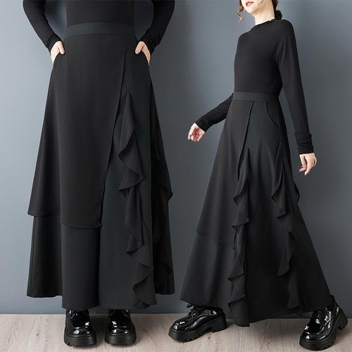 大きいサイズ 新品 秋冬 モード系 アシメ フリル レイヤード スカートパンツ