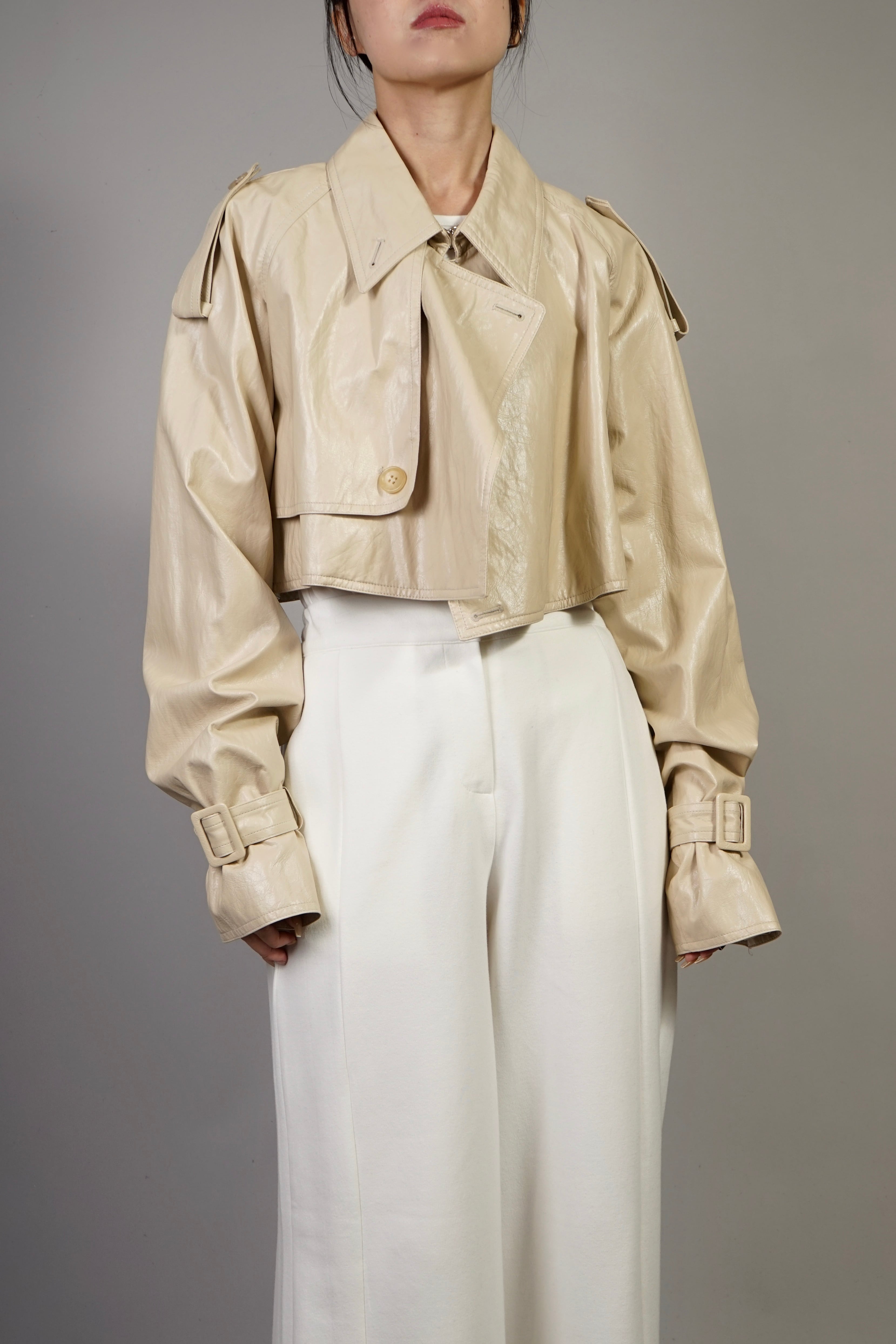 FAUX LEATHER CROPPED TRENCH JACKET (BEIGE) 2109-59-46