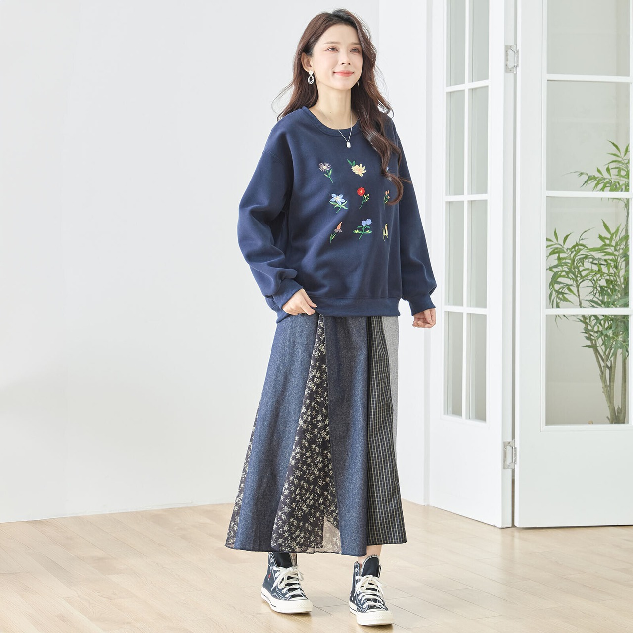 【SALE 13%OFF 4/3 10:0まで】TRUBE パッチワークフレアスカート【M~L】 デニムブルー
