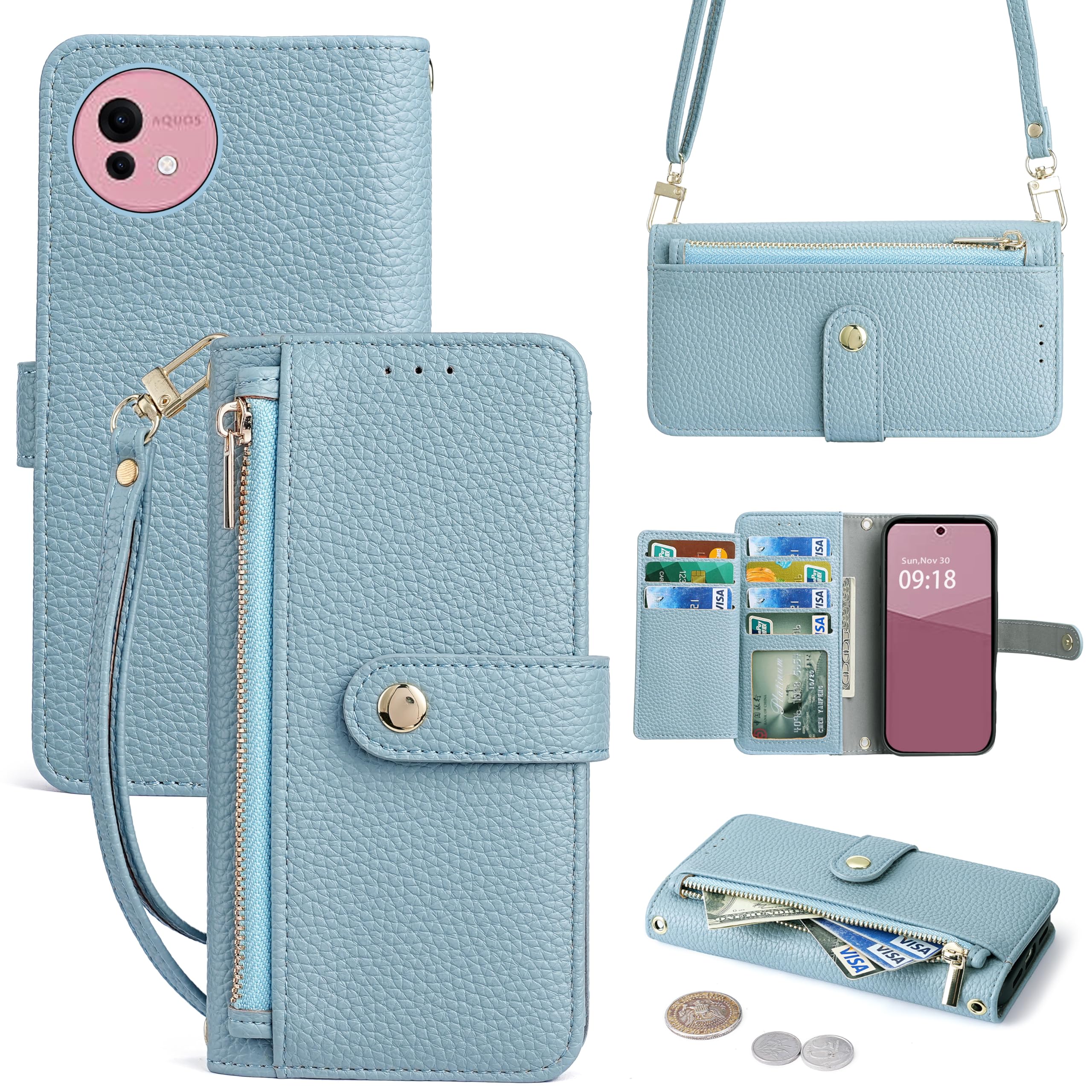 Vokpok対応 AQUOS Wish 4 ケース 手帳型 ショルダー 強力マルチカード収納 スタンド機能 アクオス ウィッシュ 4 SH-52E 財布型ケース 肩掛け 斜めがけ 手首かけ、掛けストラップ付き (長さ調整可能) おしゃれ 実用性 ジッパー小銭入れ AQUOS Wish 4 スマホケース PUレザー ある滑らかな手触り アクオス ウィッシュ 4 ケース, ライトブルー