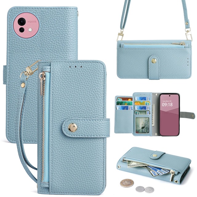 Vokpok対応 AQUOS Wish 4 ケース 手帳型 ショルダー 強力マルチカード収納 スタンド機能 アクオス ウィッシュ 4 SH-52E 財布型ケース 肩掛け 斜めがけ 手首かけ、掛けストラップ付き (長さ調整可能) おしゃれ 実用性 ジッパー小銭入れ AQUOS Wish 4 スマホケース PUレザー ある滑らかな手触り アクオス ウィッシュ 4 ケース, ライトブルー