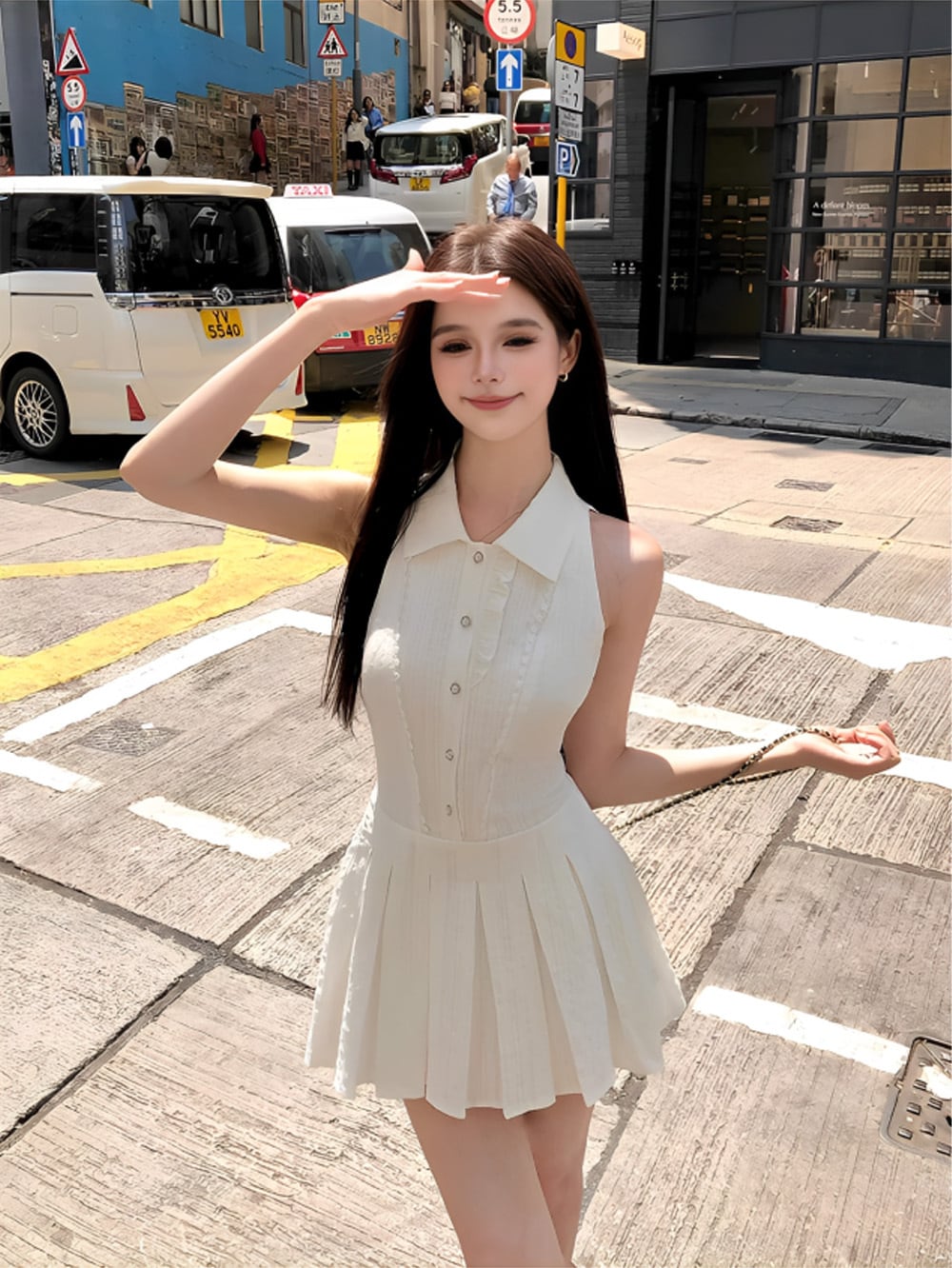 ネックカラーノースリーブフレンチワンピース