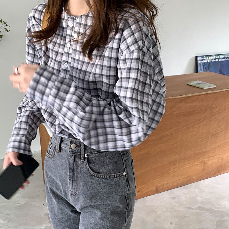 長袖チェック柄シャツ女性デザインセンスニッチ2020年秋新作レトロ学生カジュアル気質シャツ クレセントシティ81659398105