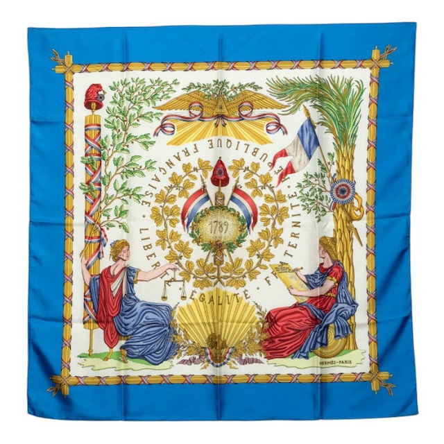 エルメス カレ90 République Française Liberté Égalité Fraternité 1789 フランス革命を記念して スカーフ ブルー マルチカラー シルク レディース HERMES 中古