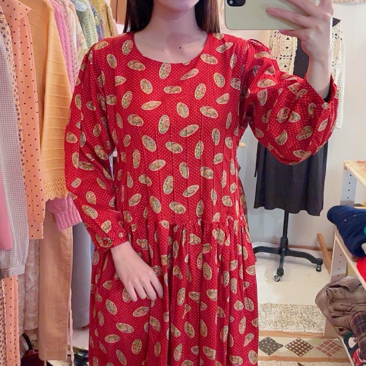 red paisley dot back button one-piece