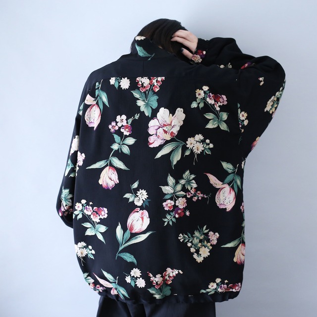 flower art pattern over silhouette high-neck full-zip blouson