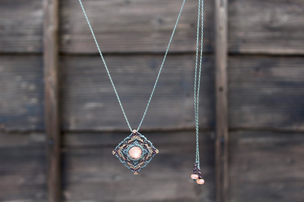 Sunstone micro macrame mandala pendant