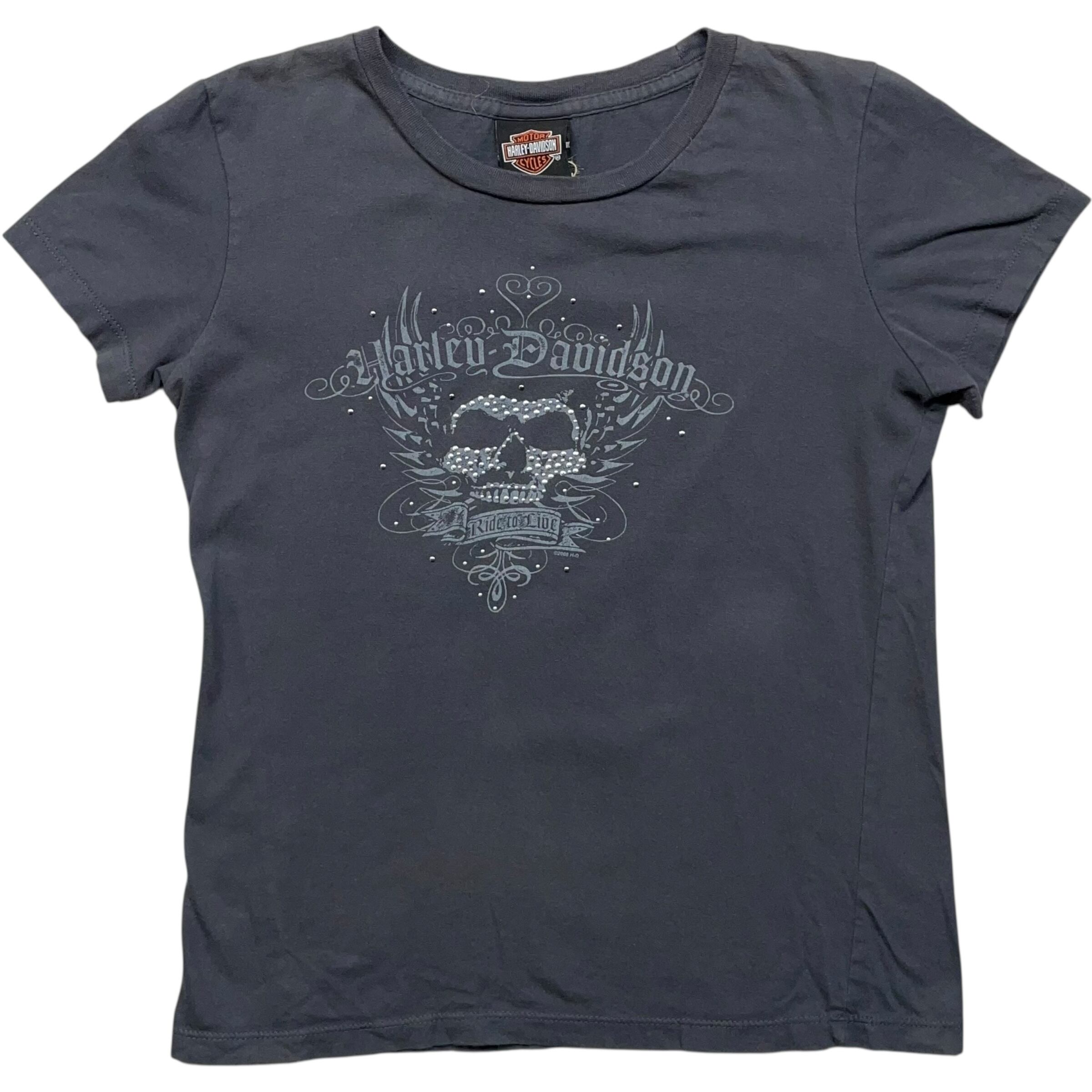 《レディースM》Harley-Davidson ハーレーダビッドソン Tシャツ スカル ラインストーン 両面プリント no.8417