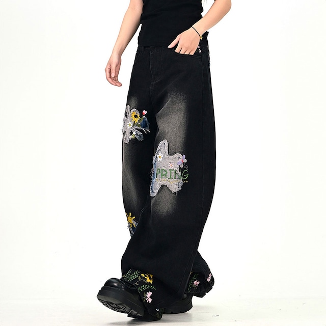 フラワーパッチデザインデニムパンツ 2col R01035