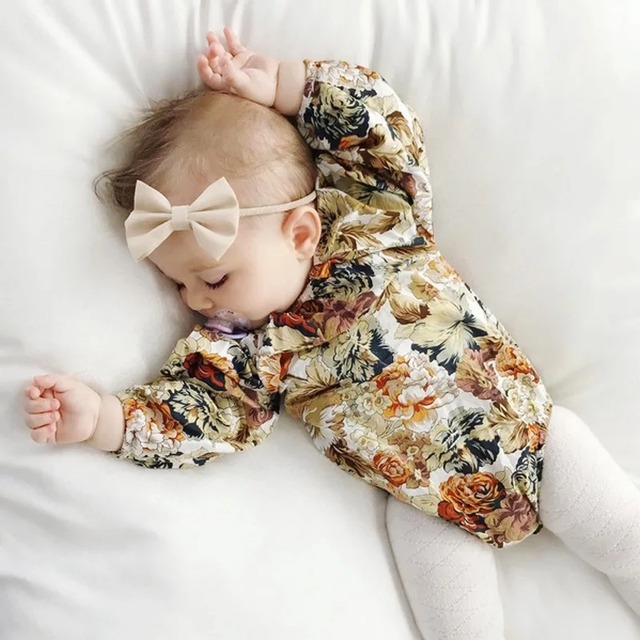 レトロ花柄セピアカラーベビーロンパース/カバーオール