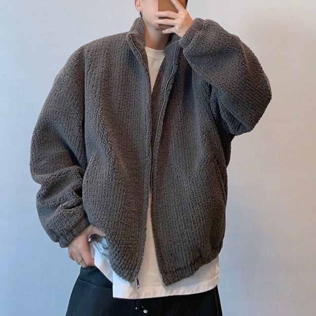 【予約販売】ボアブルゾン アウター グレー ホワイト ジップアップ 総ボア もこもこ 冬 防寒 ジャケット ショート丈 メンズ カジュアル 男前 こなれ感 お洒落 韓国 トレンド 秋 冬 M/L/XL/2XL