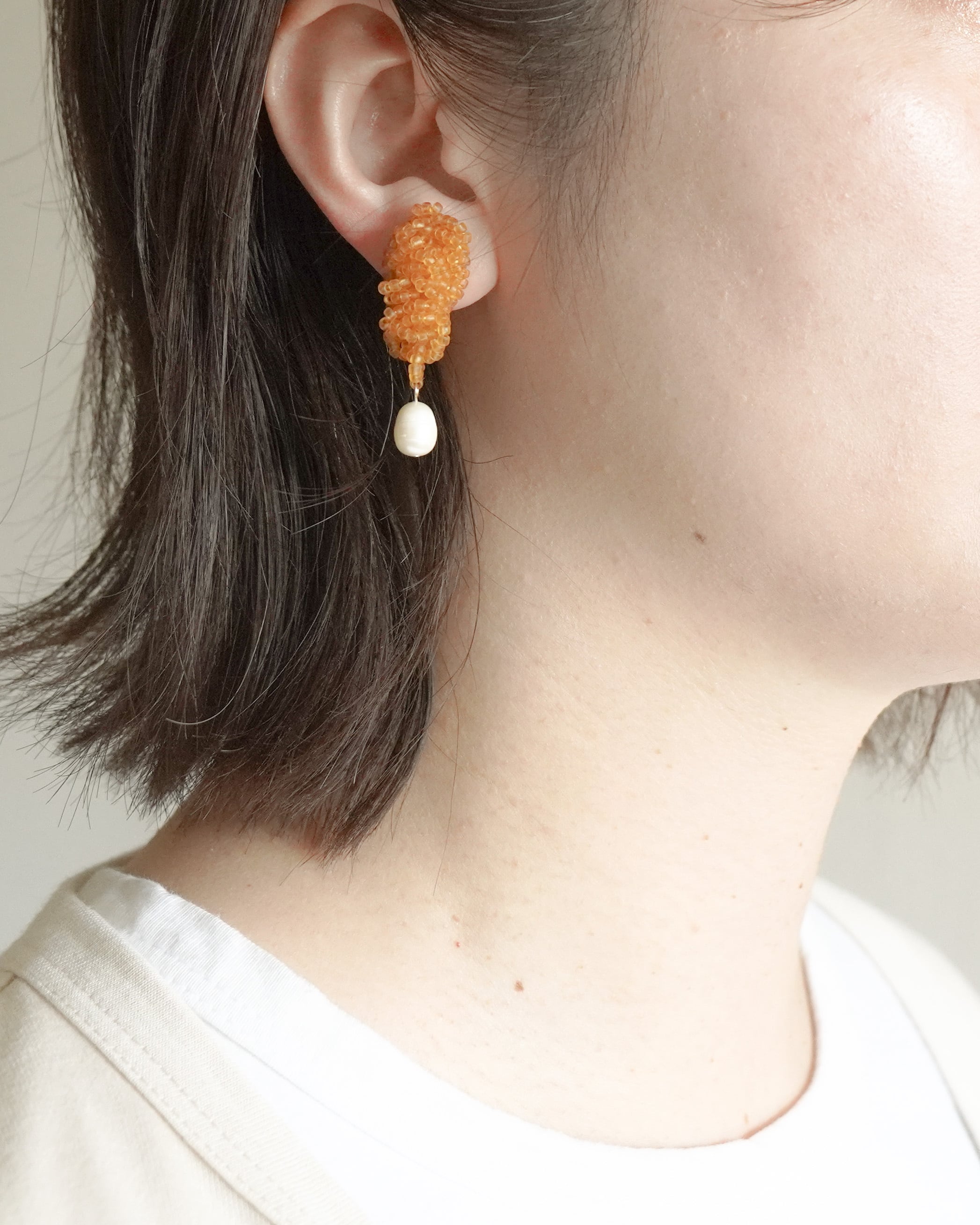 くしゅくしゅビーズ刺繍アクセサリー*淡水パールとオレンジ | MOHE
