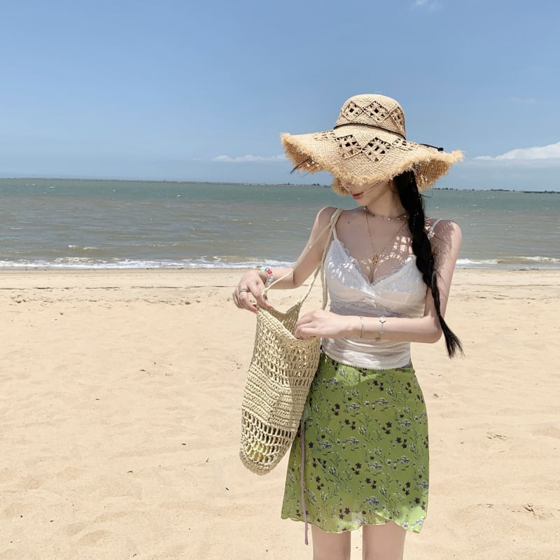 水着 キャミソールトップス 花柄スカート セットアップ シアー素材