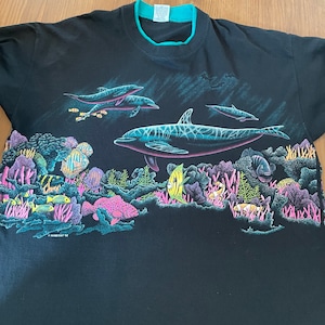 【CALCRU】90s USA製 両面プリント Tシャツ イルカ 熱帯魚  珊瑚 アメリカ古着