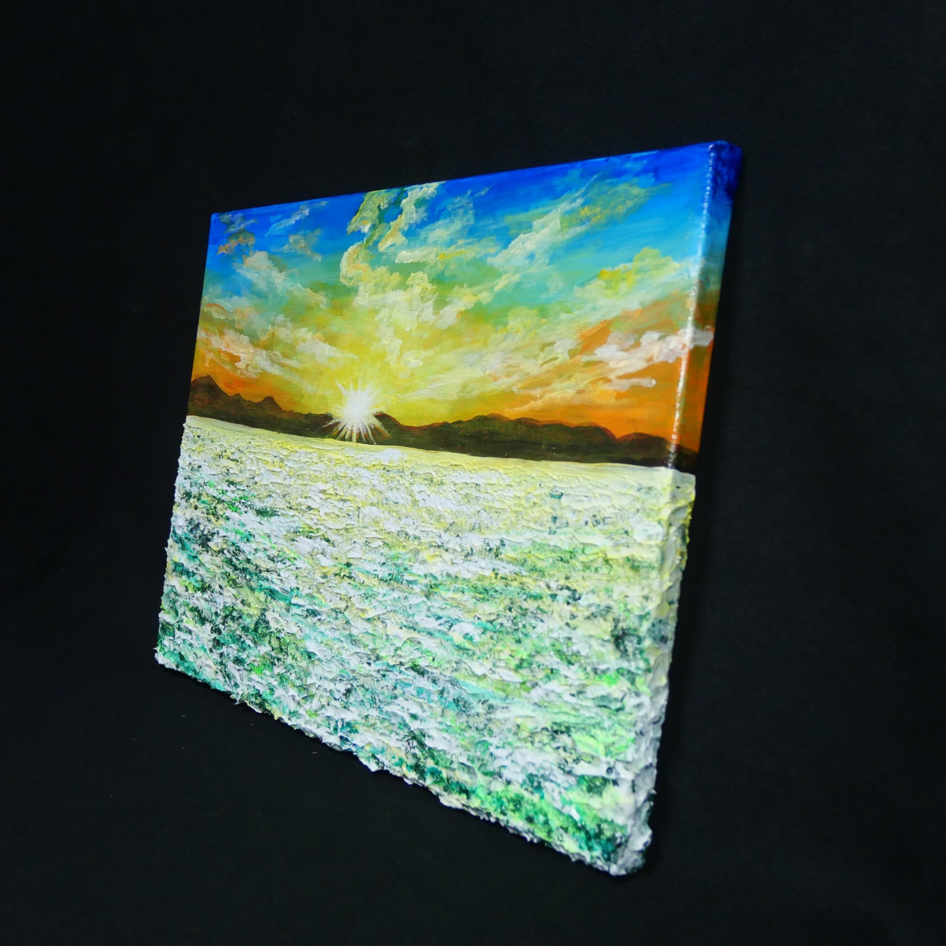 油絵 油彩 油彩画 絵画 絵【草原に咲く白い花と朝日】 | HIROSHI1990