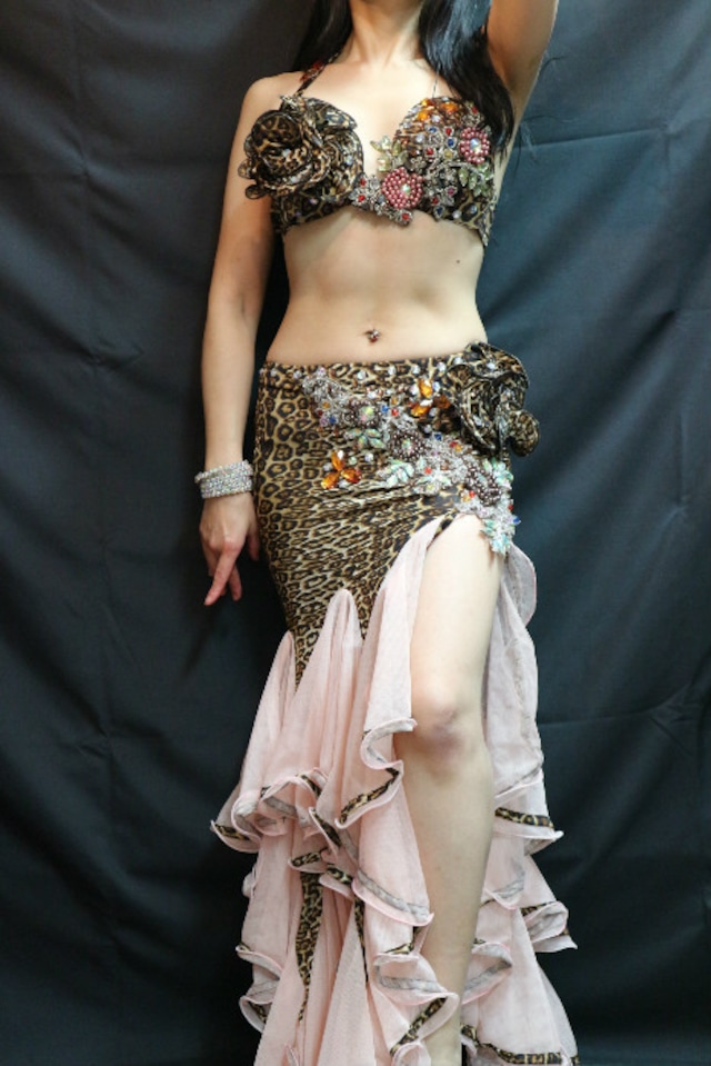 エジプト製ベリーダンス衣装　ピンク&豹柄　マーメイドスカート