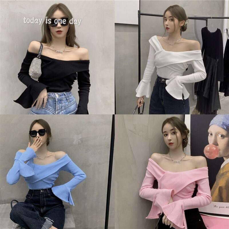 クロスホワイトニットVネックTシャツレディース秋セクシーストラップレスタイトフィットボトミングシャツ長袖フレアスリーブトップ ブラックストロベリース39271473398