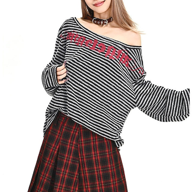 ゴシックレタリングボーダーボートネックカットソー 2col R01912