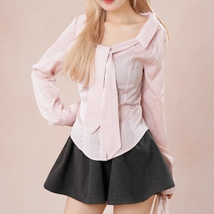 【2点セット】ストライプボウタイブラウス+フレアミニスカ ・73402 【2点セット】ストライプボウタイブラウス+フレアミニスカ ・73402