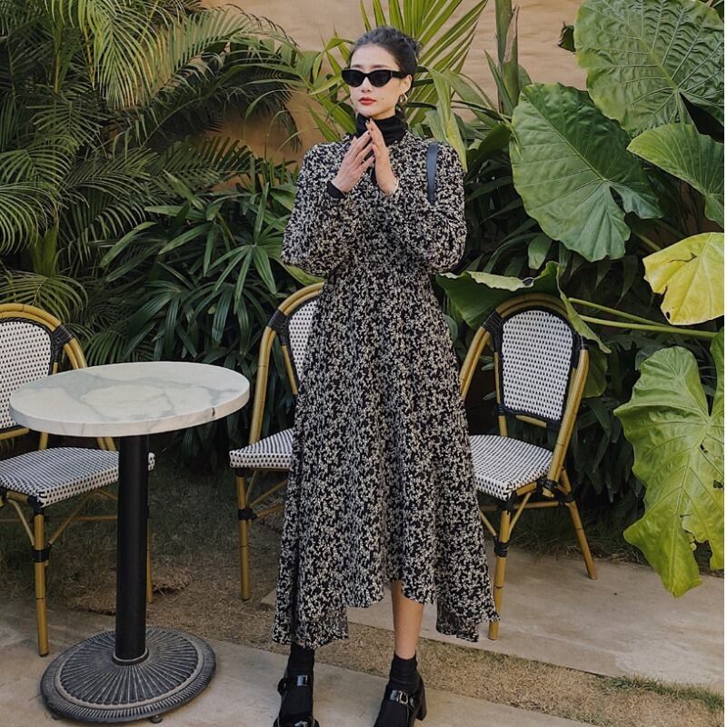 オータムドレス スタンダードフローラルカラープリント ロング レトロ 秋物 花柄 ハンチェンe75126816247