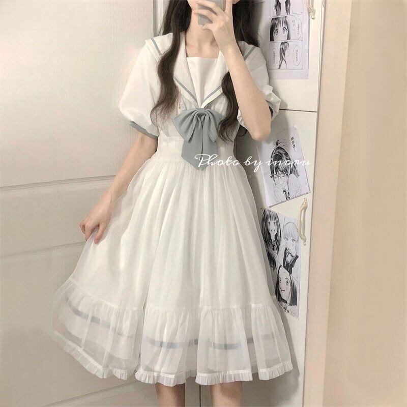 サブカル 服 地雷系 通販 ソフトロリータ ワンピ 半袖 セーラー風 レース レイヤード JKファッション 普段着 ガーリー 甘め ロマンティック ゆめかわ