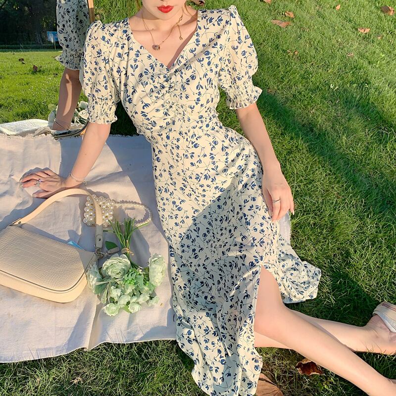 スリーブフローラルドレス サマーウェスト薄手ロングスカート 夏物 花柄 スクウェア 試着室90834762227