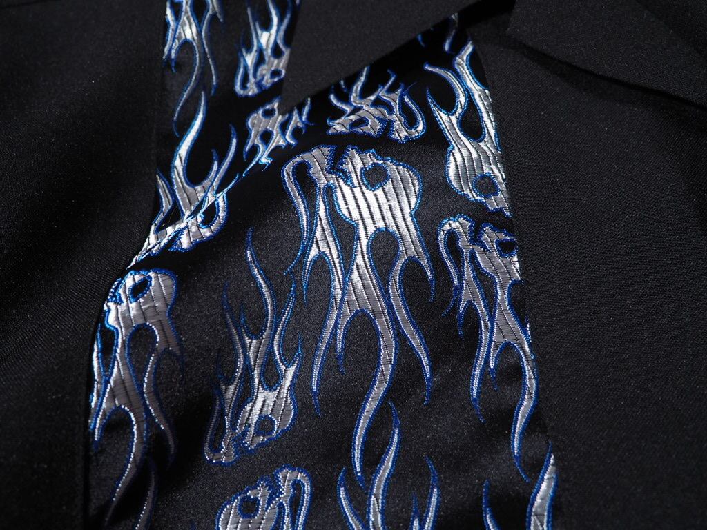 Skull × flame pattern satin switching open callar ss shirt