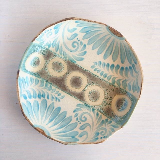 尚工房　7寸皿  唐草×ドット（水色）