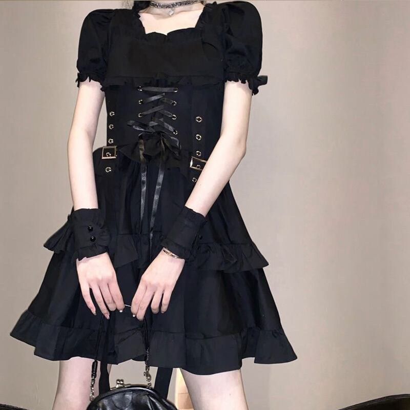 スカート サマーダークスリーブスタンダードブラックドレス レトロ 夏物 萌量不足77088725945