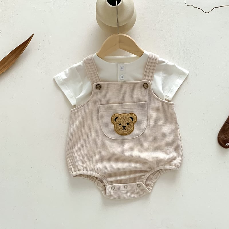 BABY】夏作ワッフルくまちゃん刺繍サロペットロンパース | 韓国子供服