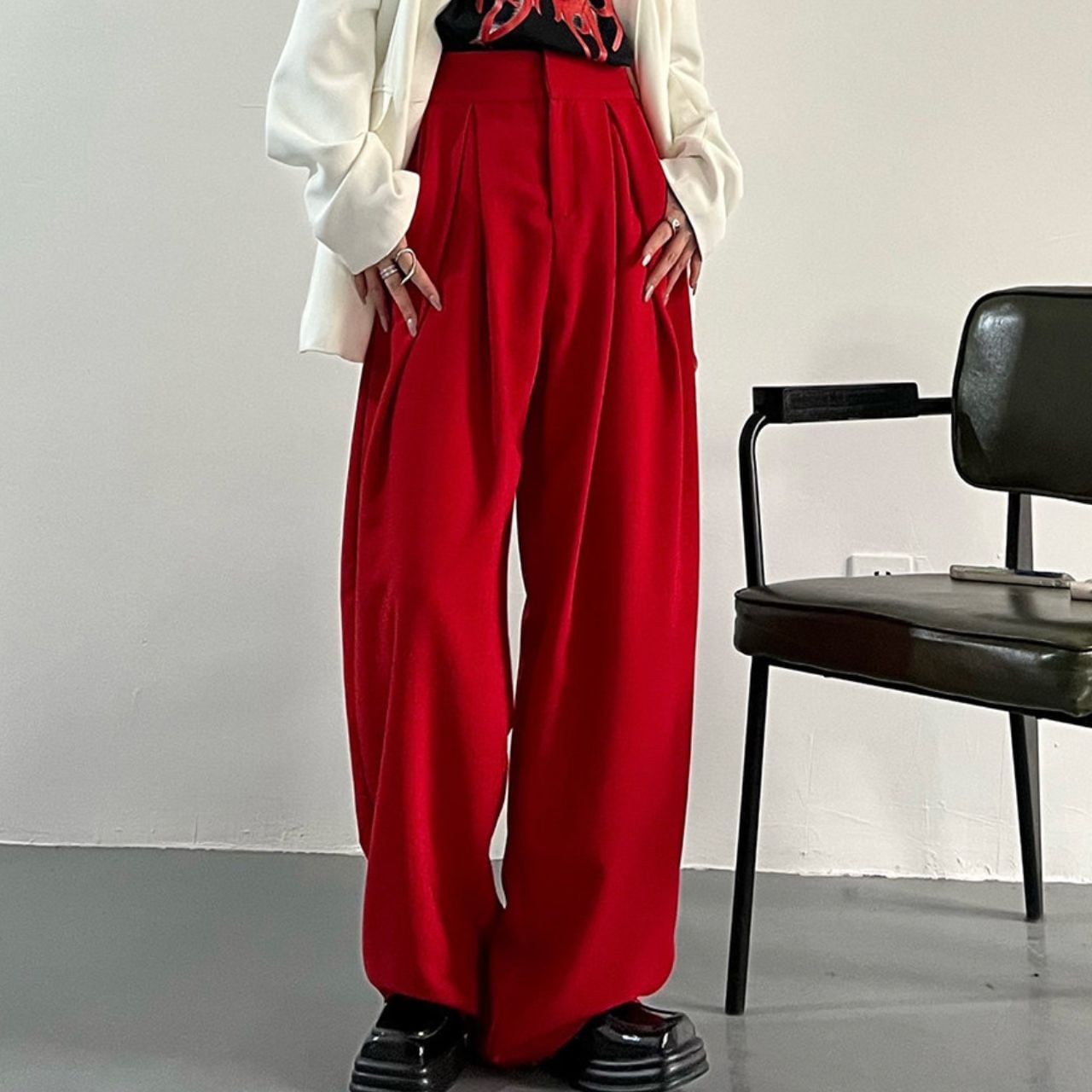 Wide leg Full length Red Pants 01022
