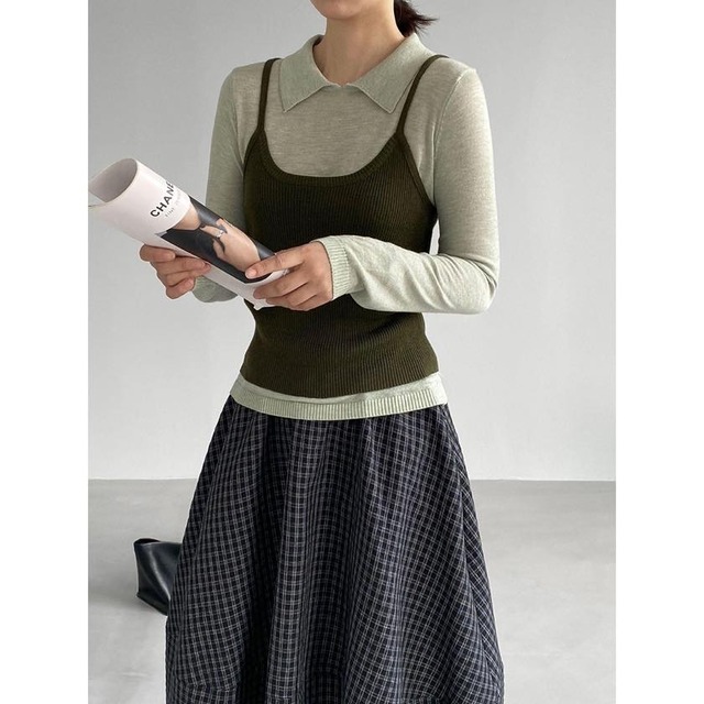 polo-collar top & knit camisole set