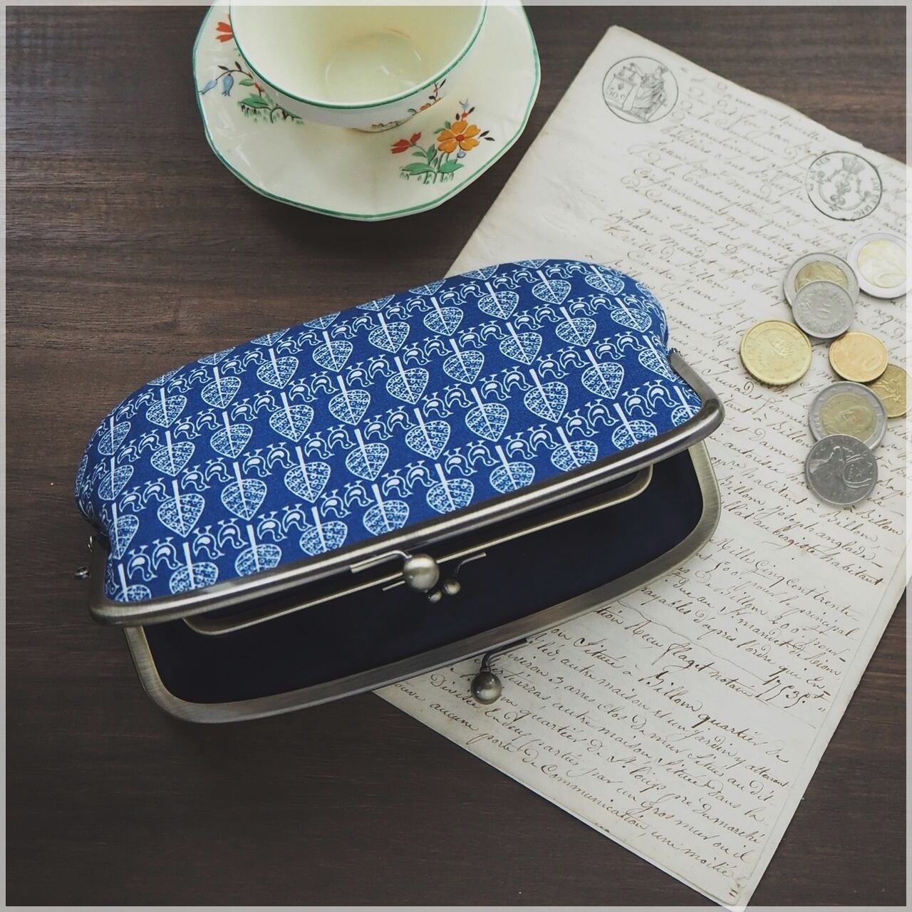 □親子がま口長財布・小鳥柄 / ネイビー□ ticket(k-n) | handmade bag